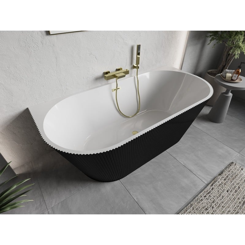 Mexen Oris freestanding wall-adjacent fluted bathtub 150 x 75 cm, white/black, golden brushed overflow - 52871507575-55