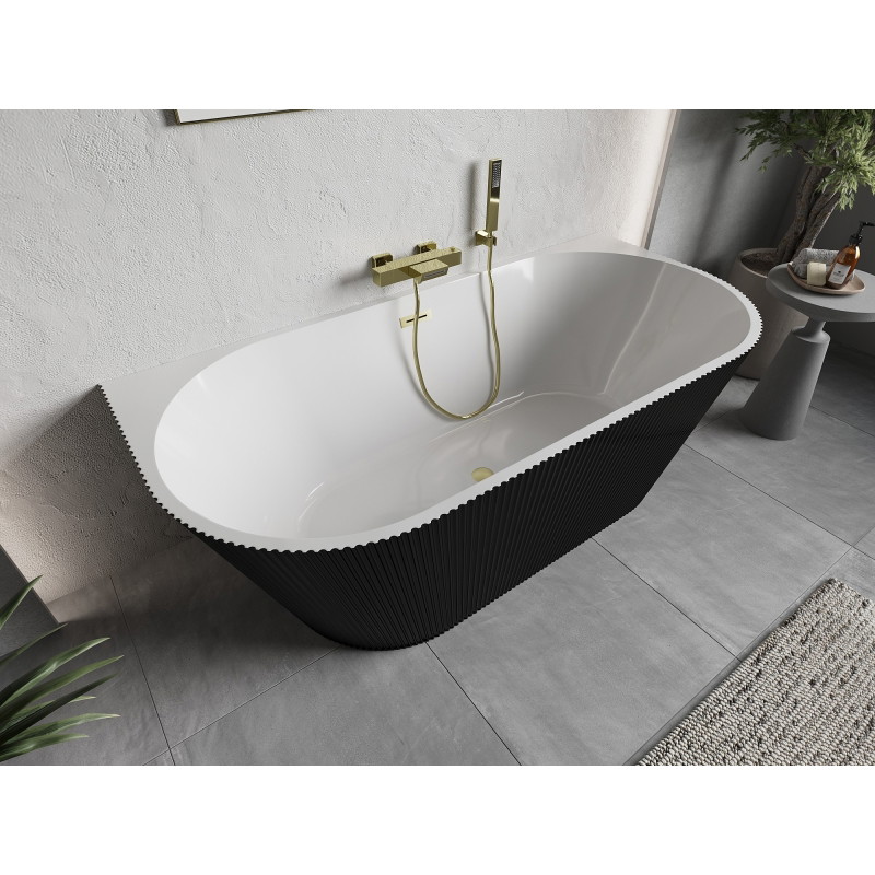 Mexen Oris freestanding wall-mounted fluted bathtub 150 x 75 cm, white/black, brushed gold overflow - 52871507575-55