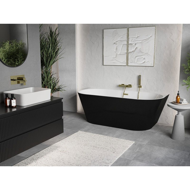 Mexen Oris freestanding wall-adjacent fluted bathtub 150 x 75 cm, white/black, golden brushed overflow - 52871507575-55