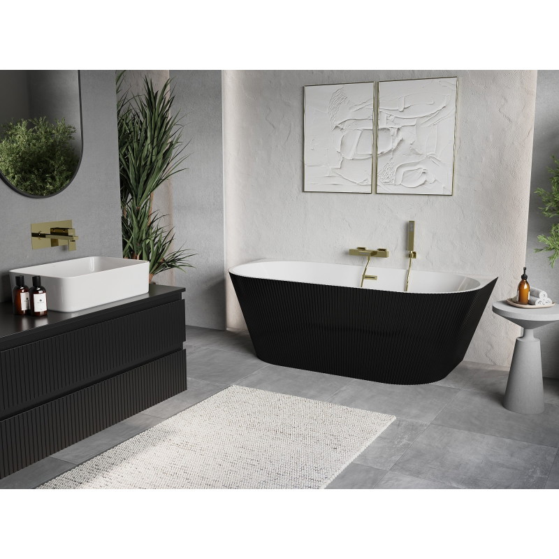 Mexen Oris freestanding wall-mounted fluted bathtub 150 x 75 cm, white/black, brushed gold overflow - 52871507575-55