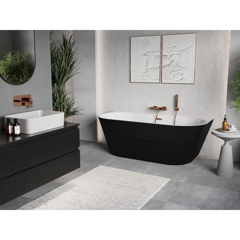 Mexen Oris freestanding wall bathtub fluted 150 x 75 cm, white/black, brushed copper overflow - 52871507575-65