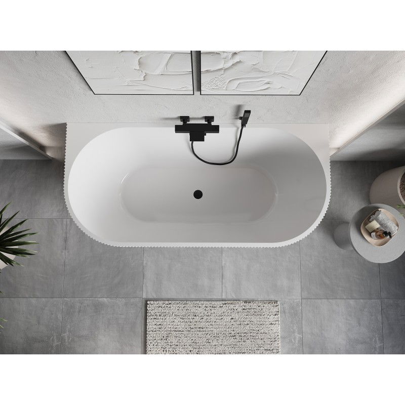 Mexen Oris freestanding back-to-wall reeded bath 150 x 75 cm, white/black, black overflow - 52871507575-70