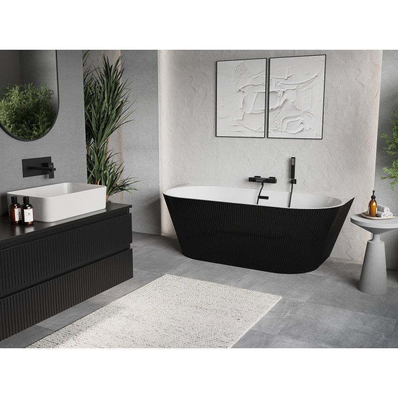 Mexen Oris freestanding back-to-wall reeded bath 150 x 75 cm, white/black, black overflow - 52871507575-70