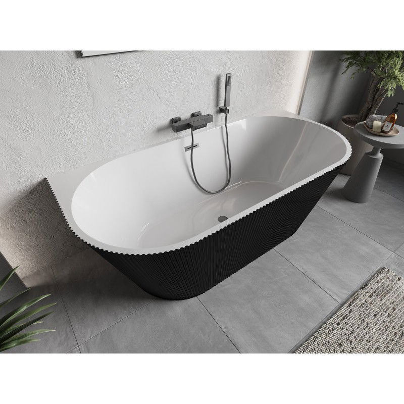 Mexen Oris freestanding back-to-wall ribbed bath 150 x 75 cm, white/black, overflow gun metal - 52871507575-95