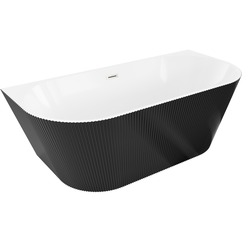 Mexen Oris 150 x 75 cm Free-Standing Wall-Adjacent Fluted Bathtub, White/Black, Brushed Nickel Overflow - 52871507575-97