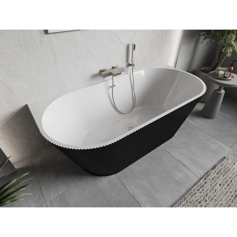 Mexen Oris 150 x 75 cm Free-Standing Wall-Adjacent Fluted Bathtub, White/Black, Brushed Nickel Overflow - 52871507575-97