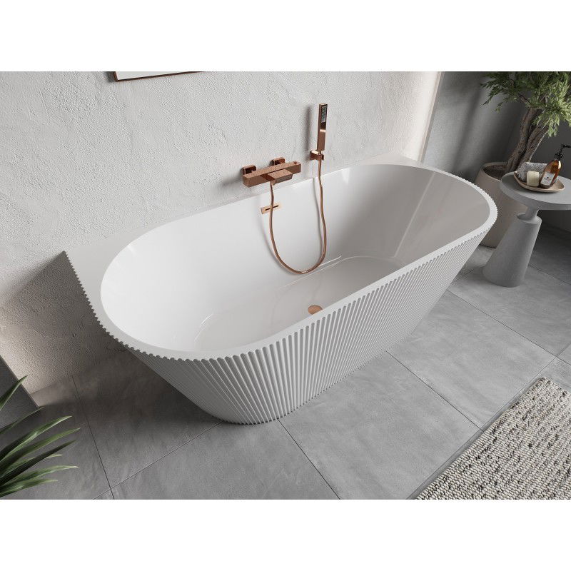 Mexen Oris Freestanding Wall-Adjacent Ribbed Bathtub 170 x 80 cm, White, Brushed Copper Overflow - 52871708000-65