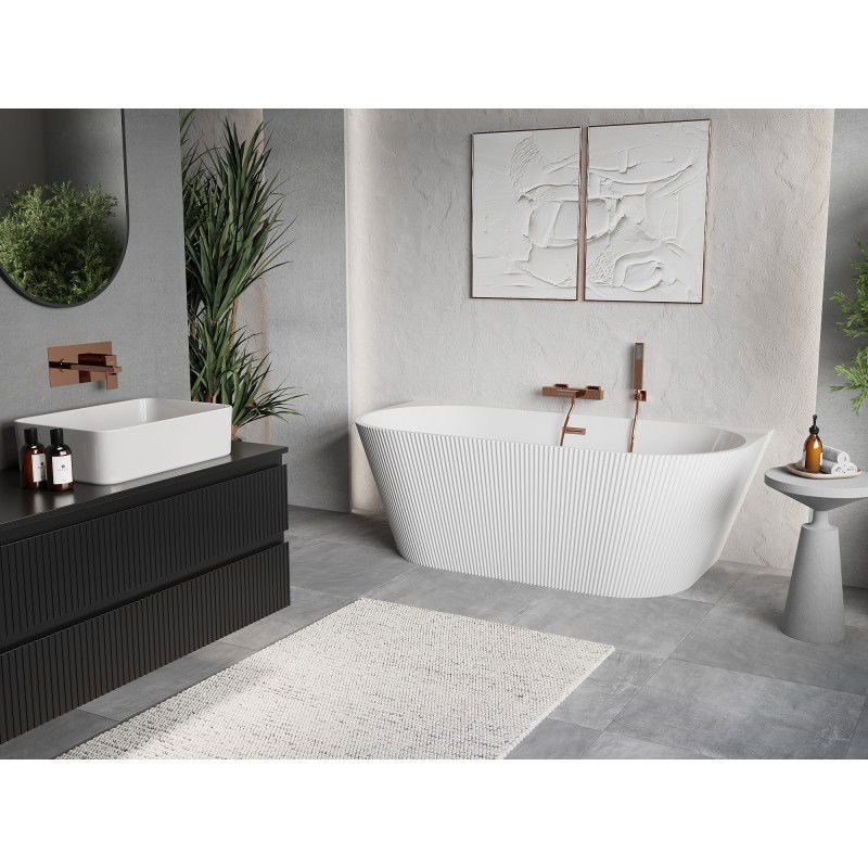 Mexen Oris Freestanding Wall-Adjacent Ribbed Bathtub 170 x 80 cm, White, Brushed Copper Overflow - 52871708000-65