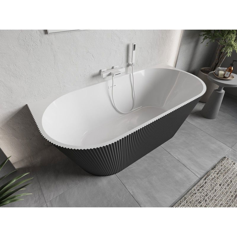 Mexen Oris Free-Standing Wall-Adjacent Ribbed Bathtub 170 x 80 cm, White/Grey, White Overflow - 52871708062-20