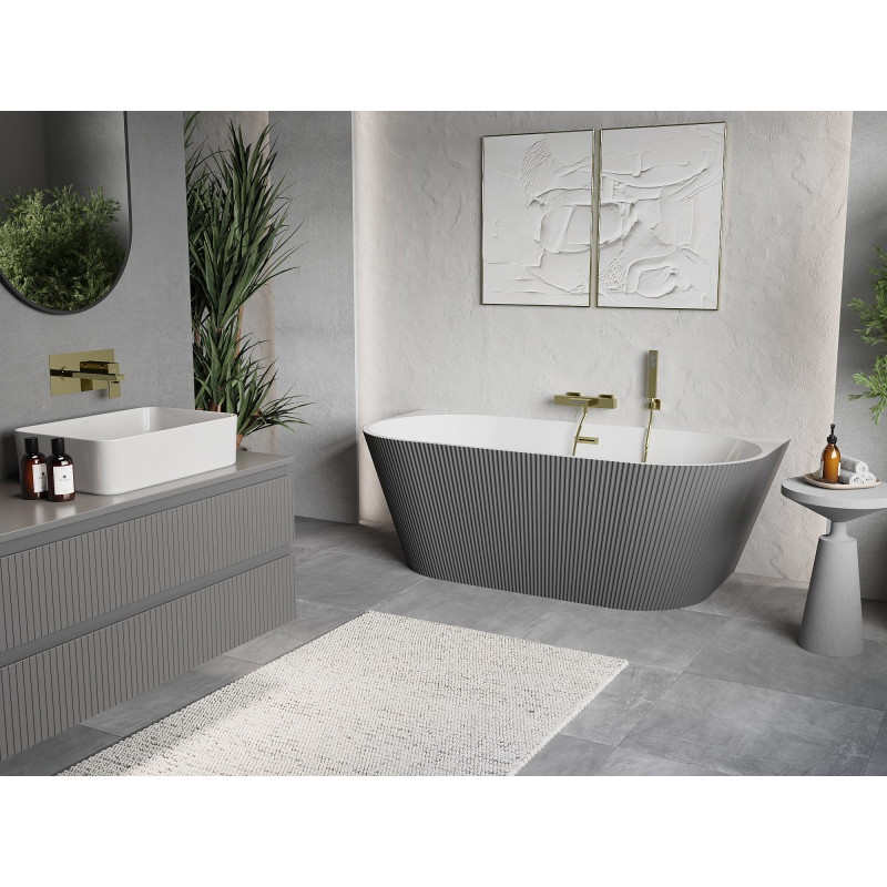 Mexen Oris freestanding ribbed wall-mounted bathtub 170 x 80 cm, white/gray, brushed gold overflow - 52871708062-55