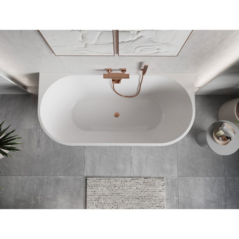 Mexen Oris free-standing wall-adjacent ribbed bathtub 170 x 80 cm, white/grey, brushed copper overflow - 52871708062-65