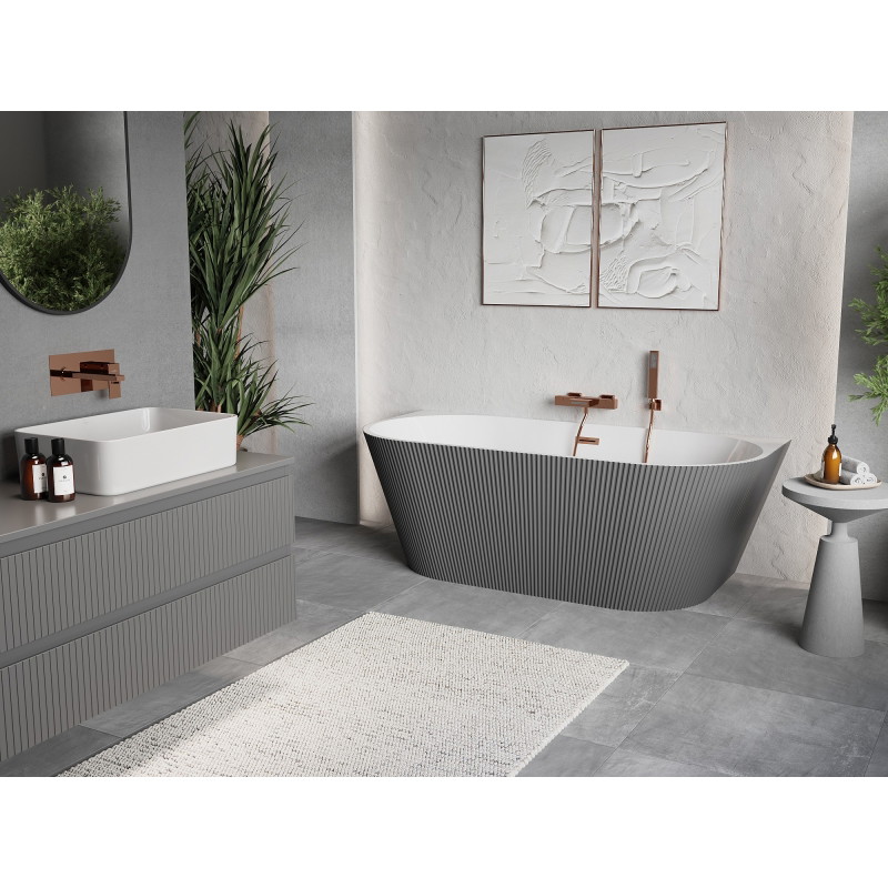 Mexen Oris freestanding wall-adjacent grooved bathtub 170 x 80 cm, white/gray, brushed copper overflow - 52871708062-65