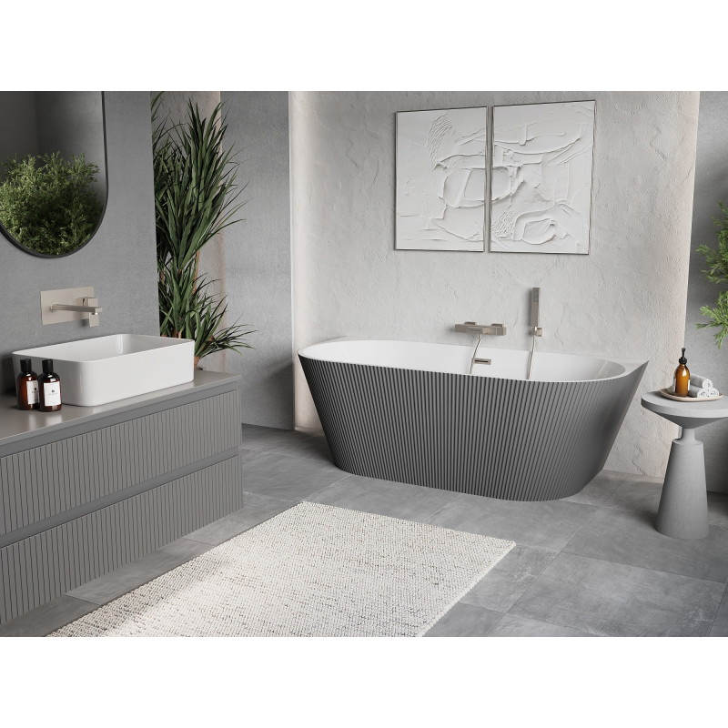 Mexen Oris freestanding back-to-wall fluted bathtub 170 x 80 cm, white/gray, brushed nickel overflow - 52871708062-97