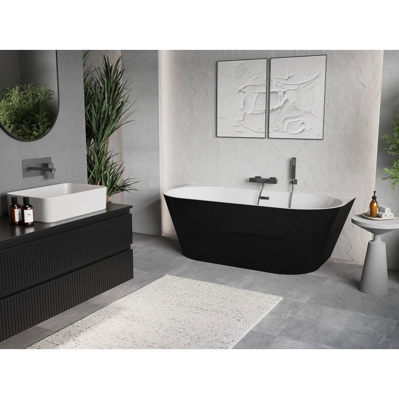 Mexen Oris freestanding ribbed wall-adjacent bath 170 x 80 cm, white/black, gun gray brushed overflow - 52871708075-66