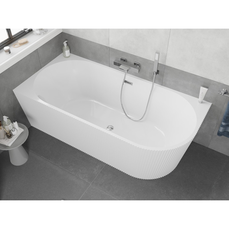 Mexen Silo freestanding corner bathtub left fluted 150 x 75 cm, white, chrome overflow - 52891507500L-01