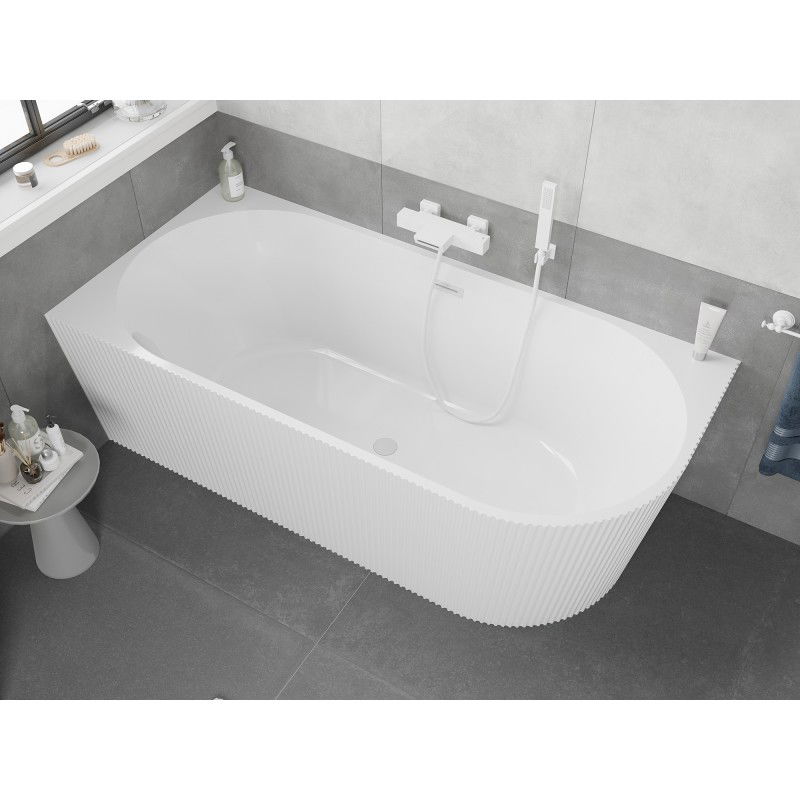 Mexen Silo freestanding corner left ribbed bath 150 x 75 cm, white, white overflow - 52891507500L-20