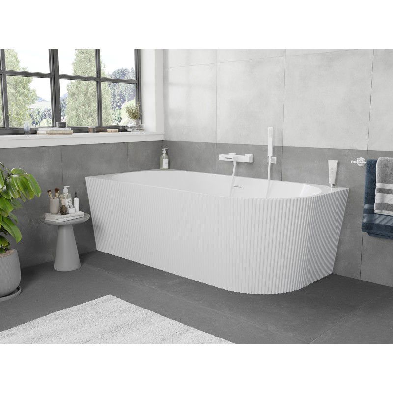 Mexen Silo freestanding corner left ribbed bath 150 x 75 cm, white, white overflow - 52891507500L-20