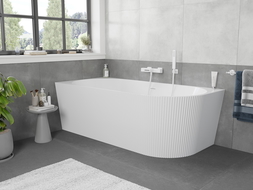 Mexen Silo freestanding corner left ribbed bath 150 x 75 cm, white, white overflow - 52891507500L-20