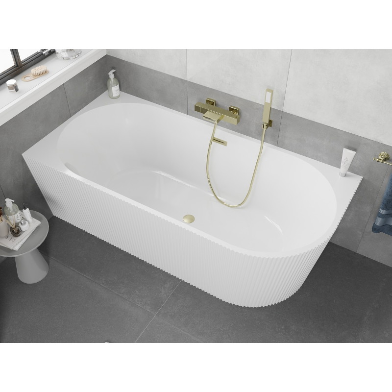 Mexen Silo freestanding corner left grooved bathtub 150 x 75 cm, white, brushed gold overflow - 52891507500L-55