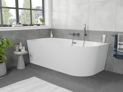 Mexen Silo freestanding corner left fluted bathtub 150 x 75 cm, white, overflow gun gray brushed - 52891507500L-66