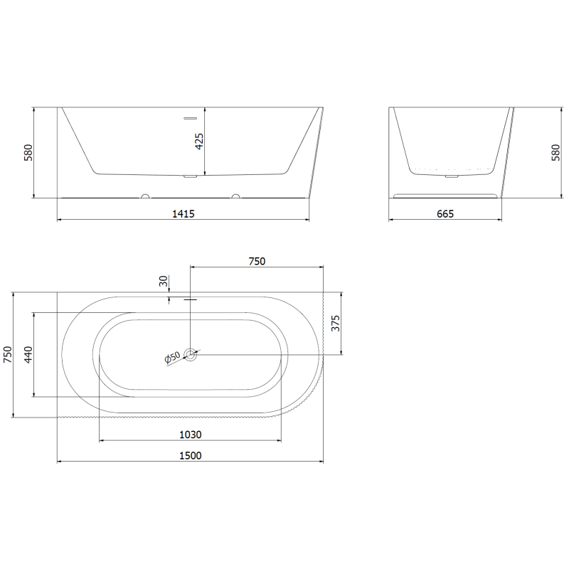Mexen Silo freestanding corner left ribbed bath 150 x 75 cm, white, black overflow - 52891507500L-70