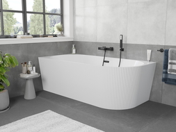 Mexen Silo freestanding corner left grooved bathtub 150 x 75 cm, white, black overflow - 52891507500L-70