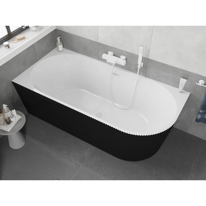 Mexen Silo freestanding corner left grooved bath 150 x 75 cm, white/black, white overflow- 52891507575L-20