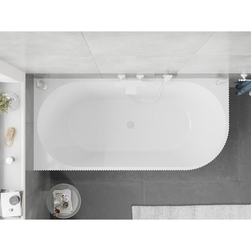 Mexen Silo freestanding corner left grooved bath 150 x 75 cm, white/black, white overflow- 52891507575L-20