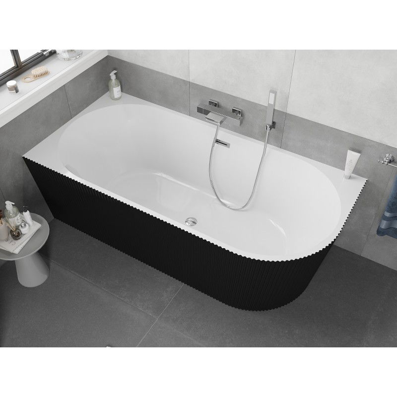 Mexen Silo freestanding corner left grooved bath 150 x 75 cm, white/black, chrome overflow - 52891507575L-01
