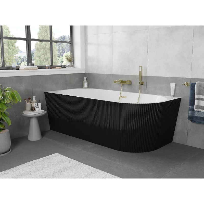 Mexen Silo freestanding corner bath left fluted 150 x 75 cm, white/black, brushed gold overflow - 52891507575L-55