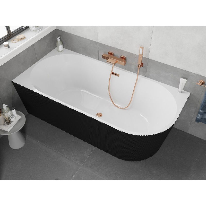 Mexen Silo freestanding corner left ribbed bath 150 x 75 cm, white/black, rose gold overflow - 52891507575L-60