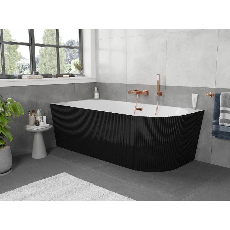 Mexen Silo freestanding corner left ribbed bath 150 x 75 cm, white/black, rose gold overflow - 52891507575L-60