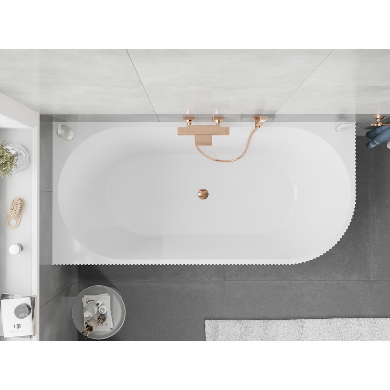 Mexen Silo freestanding corner left ribbed bathtub 150 x 75 cm, white/black, overflow rose gold - 52891507575L-60