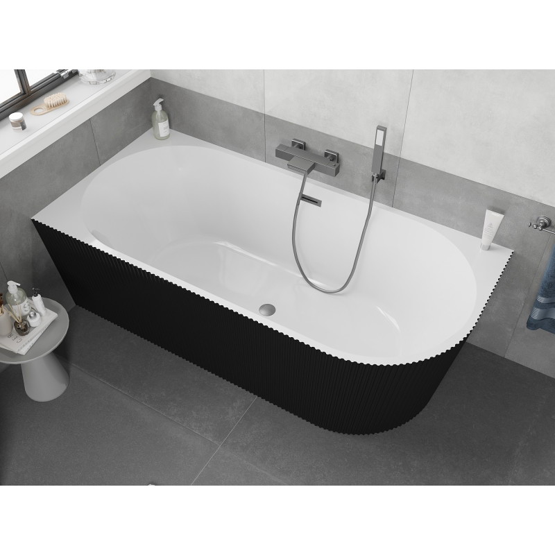 Mexen Silo freestanding corner left ribbed bathtub 150 x 75 cm, white/black, gun gray brushed overflow - 52891507575L-66