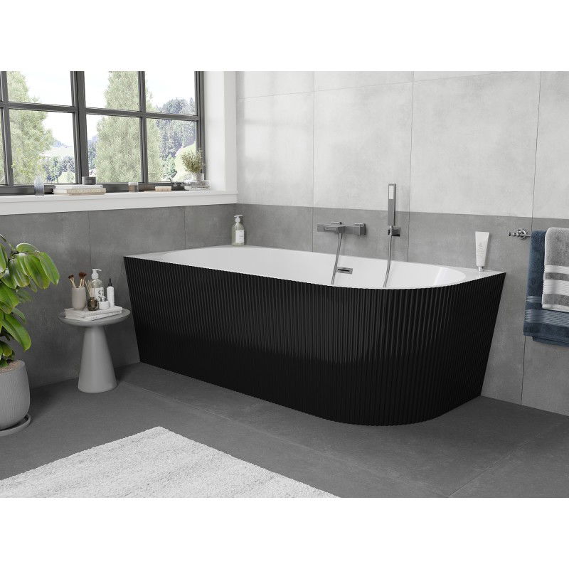 Mexen Silo freestanding corner bath left fluted 150 x 75 cm, white/black, gun gray brushed overflow - 52891507575L-66