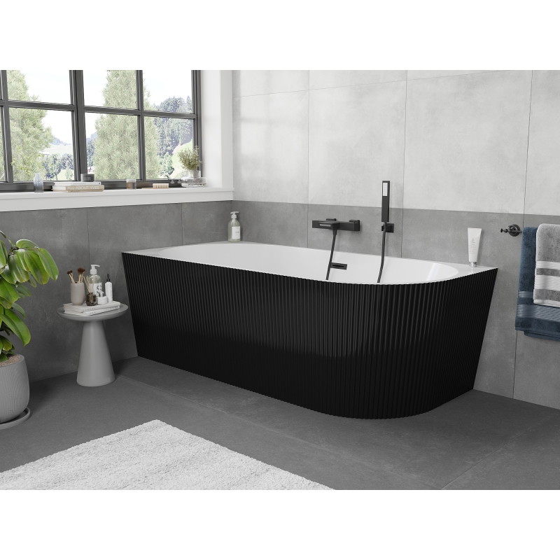 Mexen Silo freestanding corner left ribbed bathtub 150 x 75 cm, white/black, black overflow - 52891507575L-70