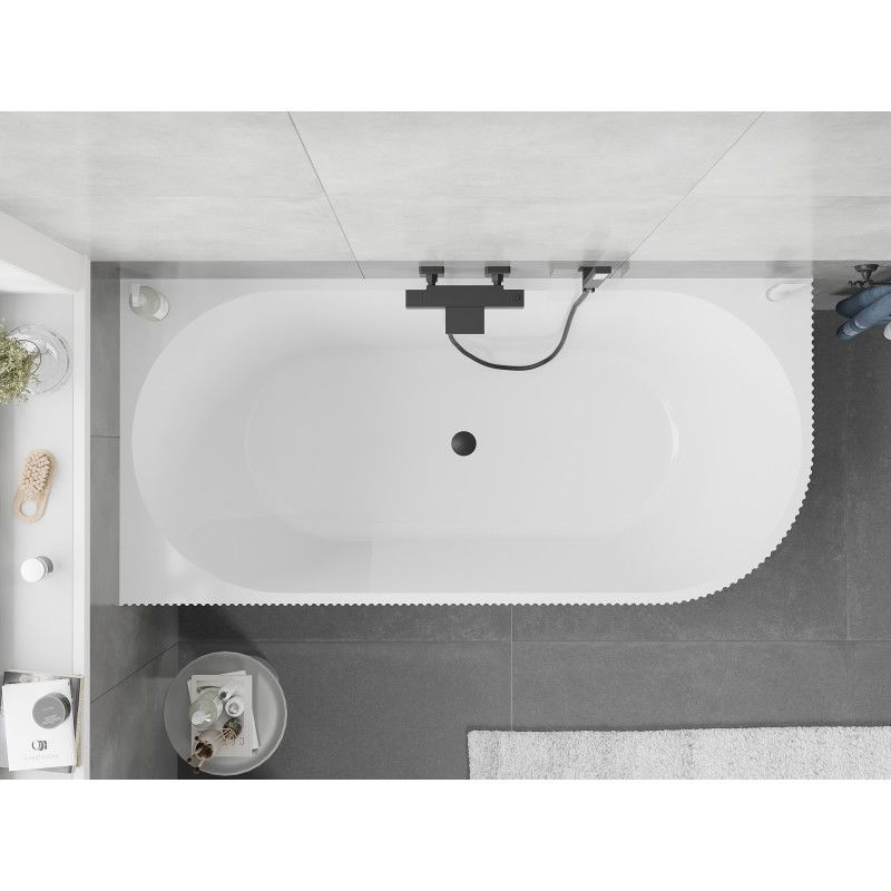 Mexen Silo freestanding corner bathtub, left fluted 150 x 75 cm, white/black, black overflow - 52891507575L-70