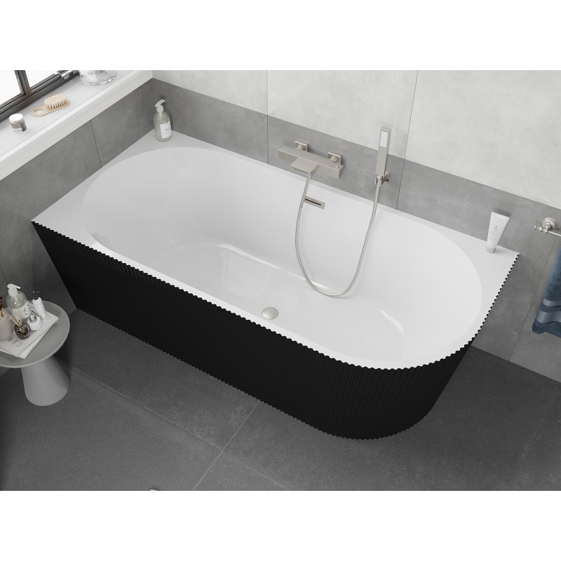 Mexen Silo freestanding corner left ribbed bathtub 150 x 75 cm, white/black, brushed nickel overflow - 52891507575L-97