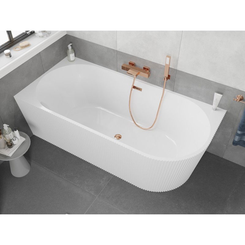 Mexen Silo freestanding corner left ribbed bath 170 x 80 cm, white, rose gold overflow - 52891708000L-60