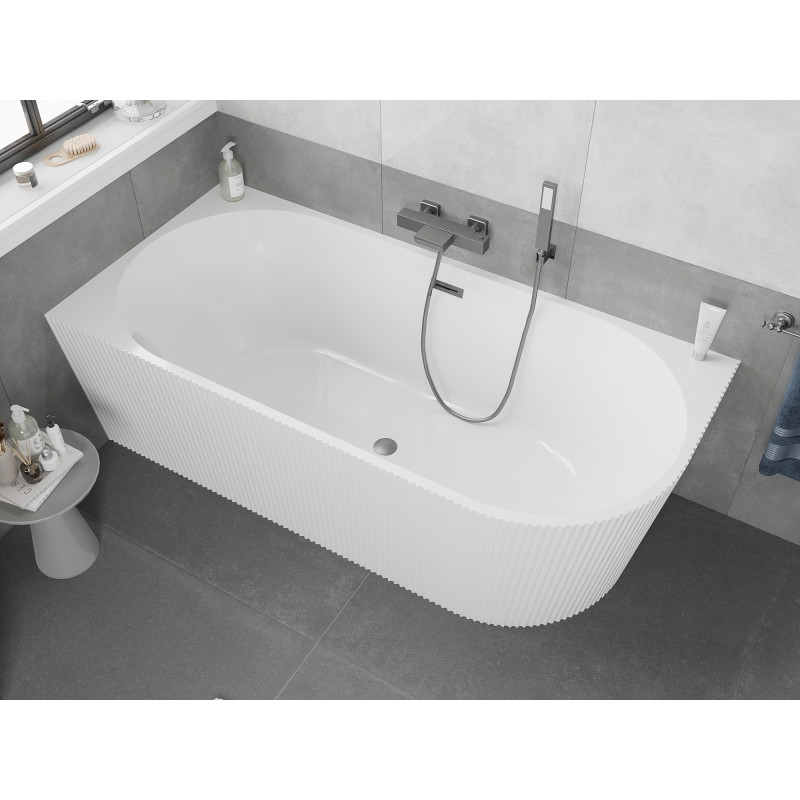 Mexen Silo freestanding corner left ribbed bathtub 170 x 80 cm, white, brushed gun gray overflow - 52891708000L-66