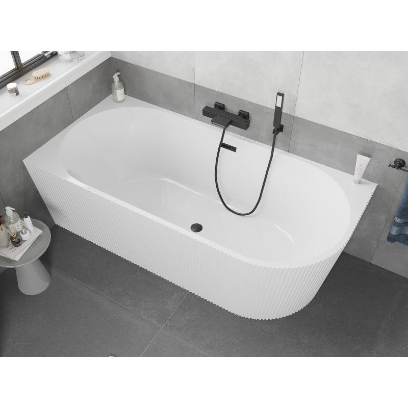 Mexen Silo freestanding corner left ribbed bathtub 170 x 80 cm, white, black overflow - 52891708000L-70