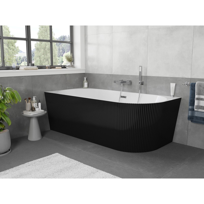 Mexen Silo freestanding corner bathtub left grooved 170 x 80 cm, white/black, chrome overflow - 52891708075L-01