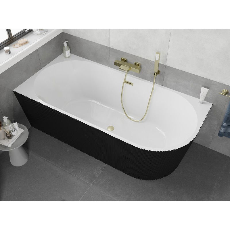 Mexen Silo freestanding corner left grooved bathtub 170 x 80 cm, white/black, brushed gold overflow - 52891708075L-55