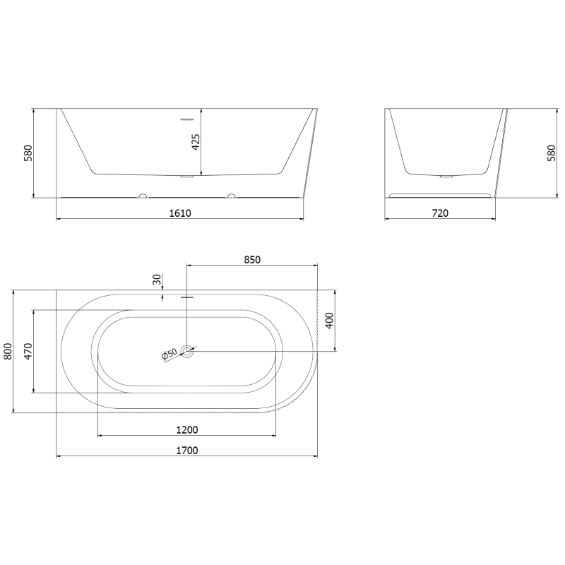 Mexen Silo Free-standing Left Corner Fluted Bath 170 x 80 cm, White/Black, Overflow Rose Gold - 52891708075L-60