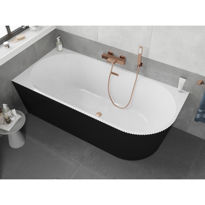 Mexen Silo freestanding corner left grooved bathtub 170 x 80 cm, white/black, brushed copper overflow - 52891708075L-65