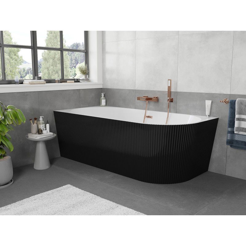Mexen Silo free-standing left corner ribbed bathtub 170 x 80 cm, white/black, brushed copper overflow - 52891708075L-65