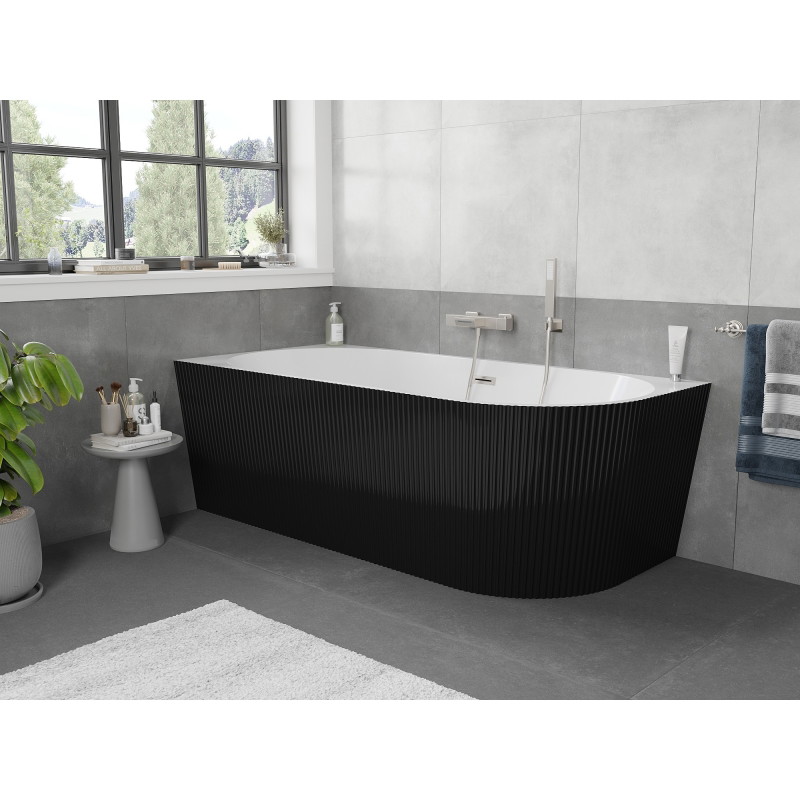 Mexen Silo freestanding corner left fluted bathtub 170 x 80 cm, white/black, brushed nickel overflow - 52891708075L-97