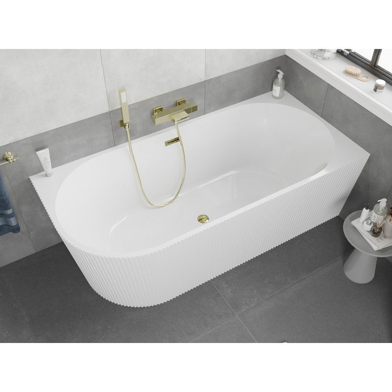 Mexen Silo freestanding corner bathtub right fluted 150 x 75 cm, white, gold overflow - 52891507500P-50