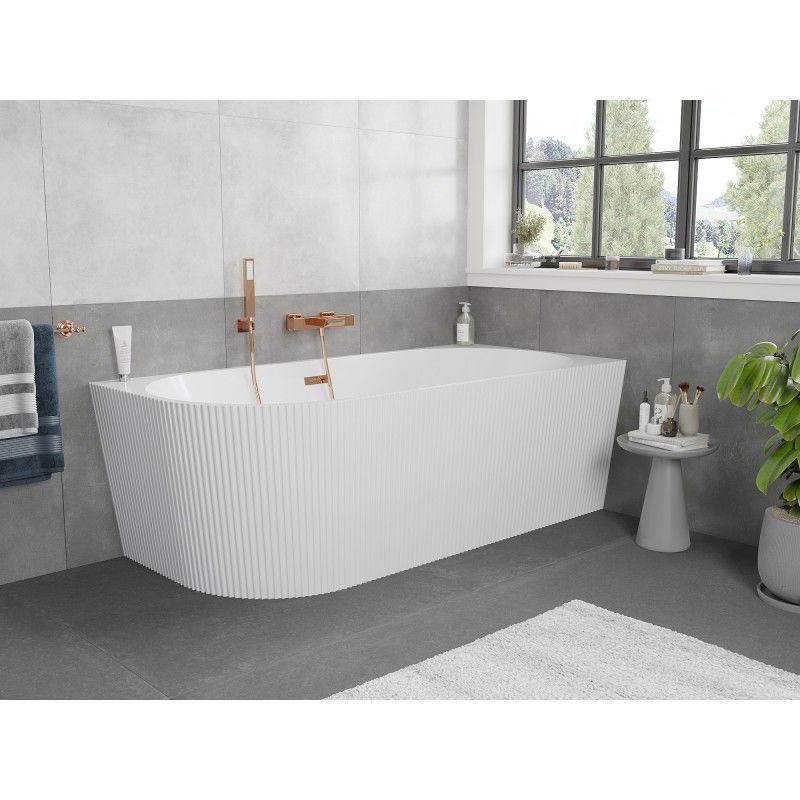 Mexen Silo freestanding corner bath right ribbed 150 x 75 cm, white, overflow rose gold - 52891507500P-60