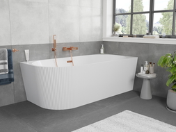 Mexen Silo freestanding corner bath right ribbed 150 x 75 cm, white, overflow rose gold - 52891507500P-60